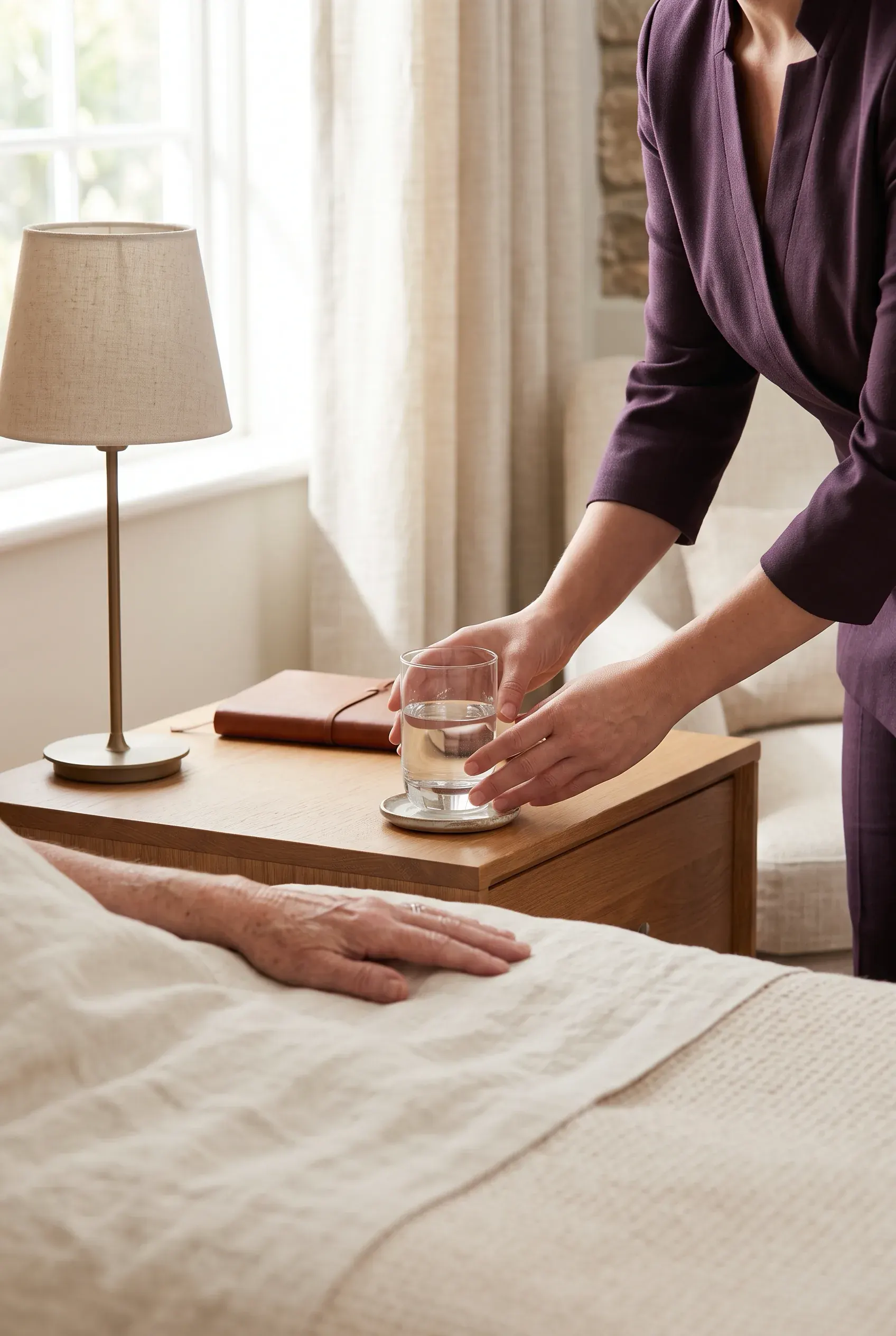 A caregiver setting a glass of water on a resident's bedside table